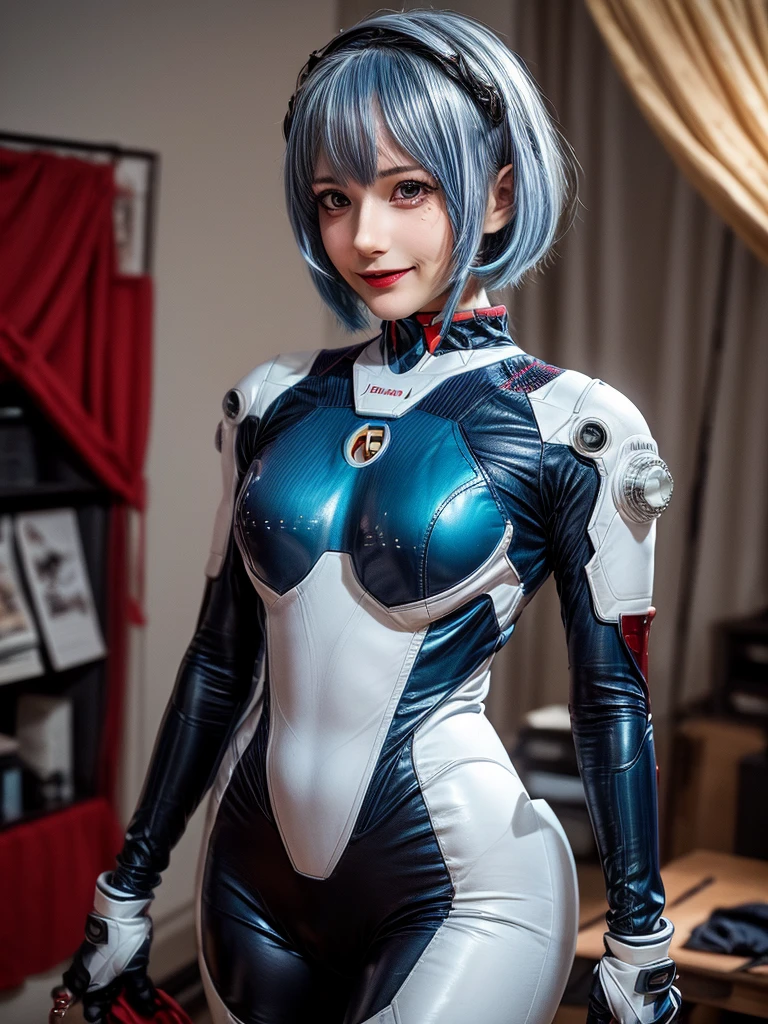 Masterpiece, highest quality, 8K, detailed skin texture, fine cloth texture, beautiful detailed face, intricate details, super detailed, portrait of Rei Ayanami, blue hair, red eyes, looking far away, no background, Evangelion Wearing a plug suit when riding, plug suit, whole body visible, standing, arms crossed, 15 years old, beautiful, cute, great style, smiling,composition that shows the whole body,