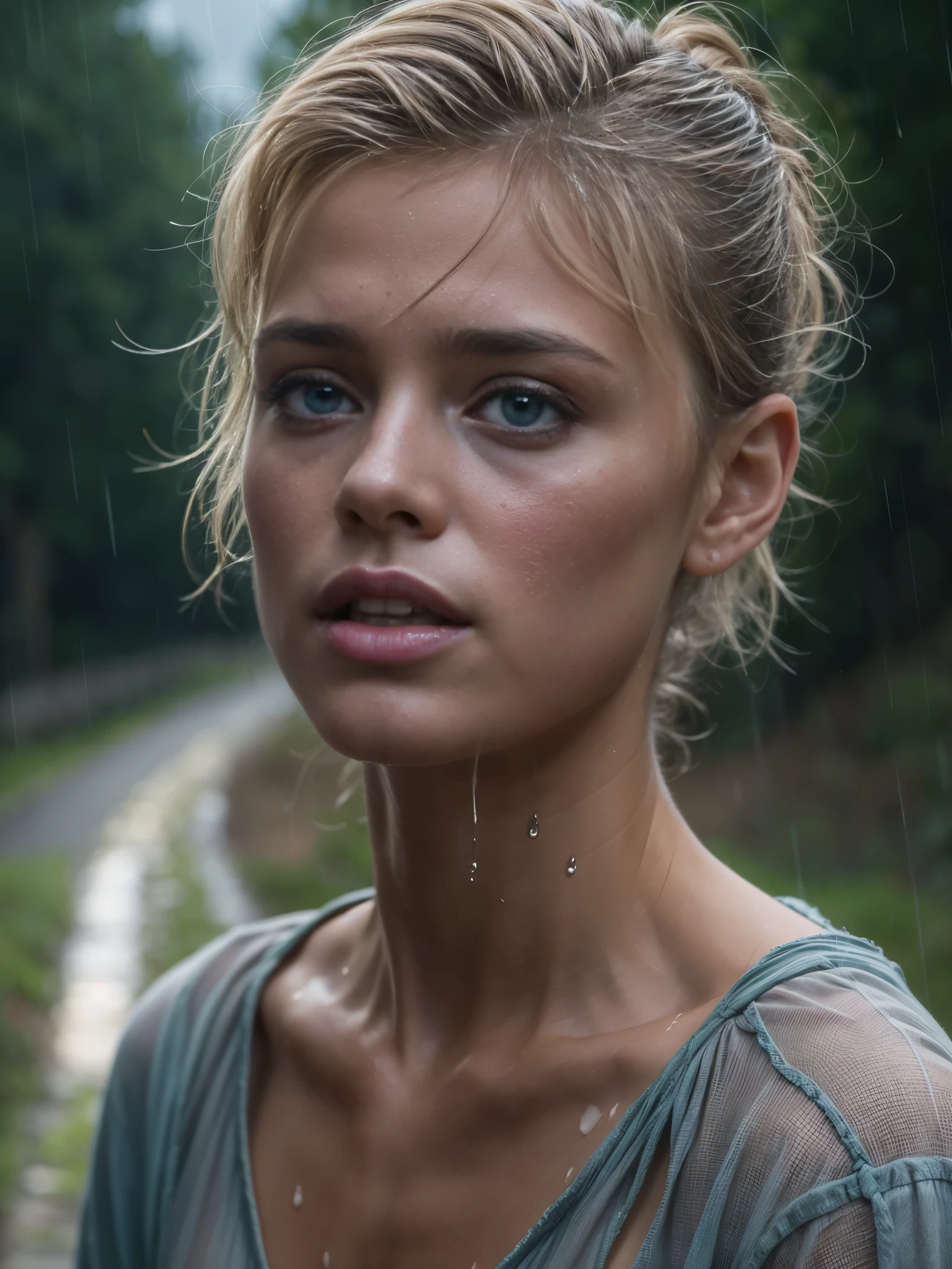 chef-d&#39;œuvre, une photo à moitié du corps d&#39;une belle fille danoise européenne pleurant sur une route de campagne, pluvieux, arbres autour de la route, marche, chemise mouillée, vêtements trempés, cheveux humide, cheveux courts de lutin, cheveux blond clair, yeux bleus, corps maigre des coureurs, peau pâle, ((petits seins gaies, seins exposés)), 16k, photoréaliste ultra haute résolution, UHD, BRUT, Reflex numérique, netteté, éclairage naturel