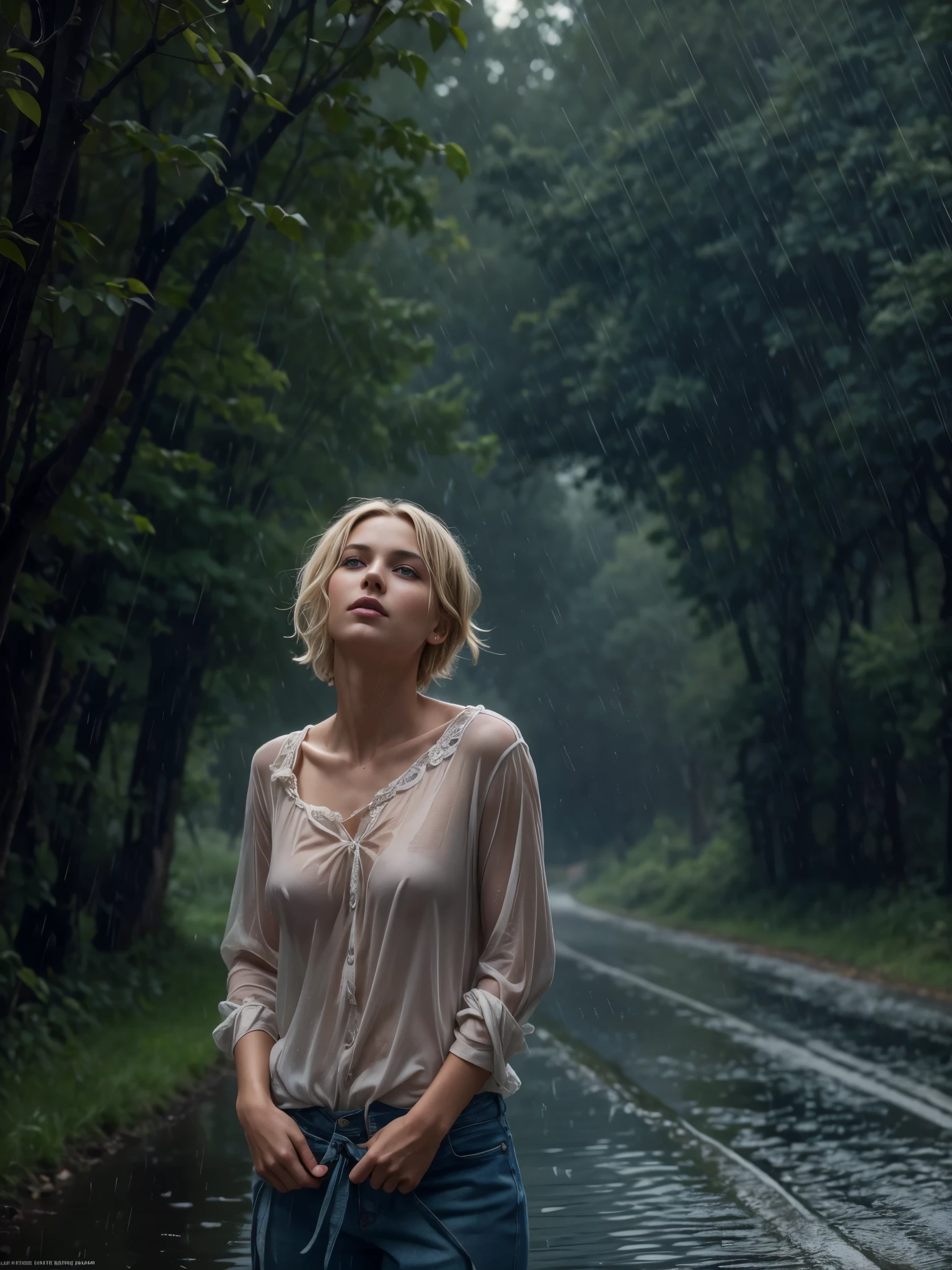 Masterpiece, a half body shot of a beautiful european Danish girl crying in a countryside road, rainy, trees around the road, walking, wet shirt, soaked clothes, wet hair, short pixie hair, light blond hair, blue eyes, runners skinny body, pale skin, ((small perky breasts, exposed breatsts)), 16K, ultra high resolution photorealistic, UHD, RAW, DSLR, sharp focus, natural lighting