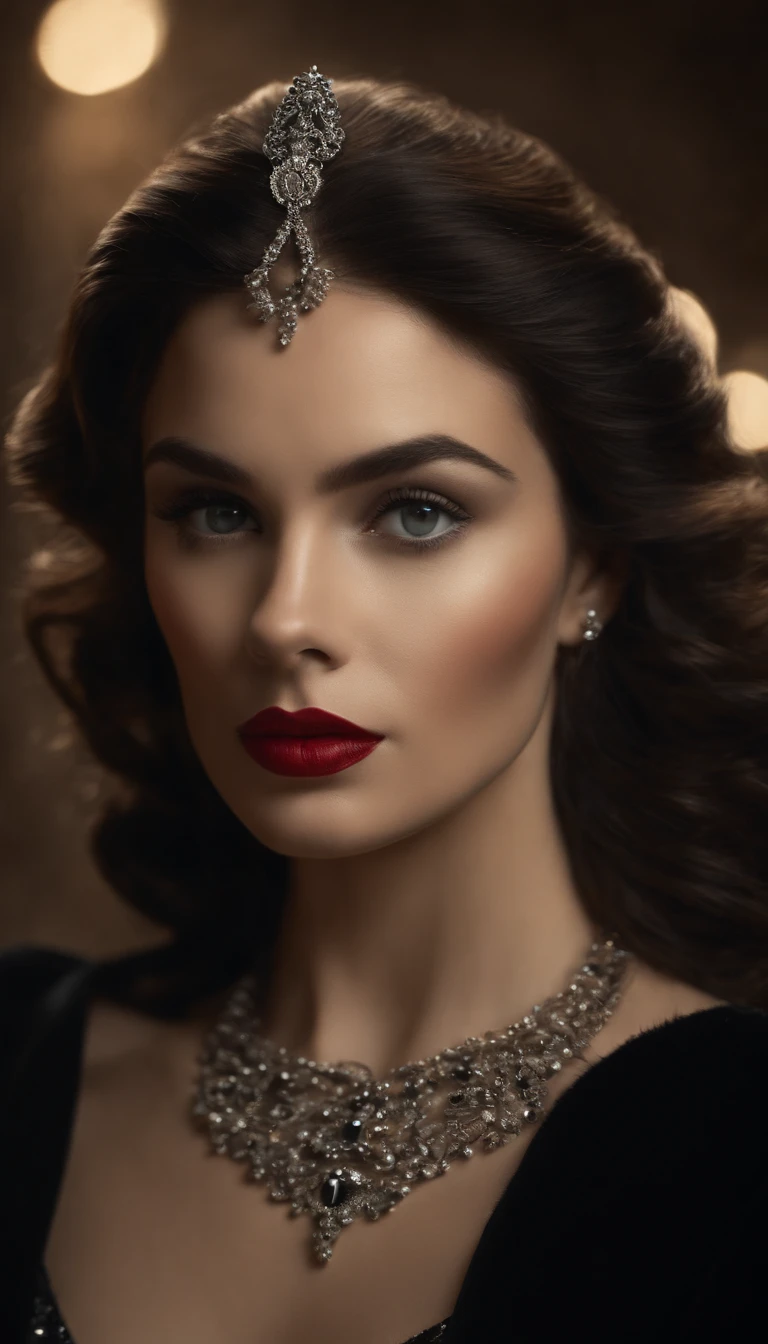 a woman in a black evening gown, elegant spy, beautiful detailed eyes, beautiful detailed lips, extremely detailed face, longeyelashes, secret agent, (best quality,4k,8k,highres,masterpiece:1.2),ultra-detailed,(realistic,photorealistic,photo-realistic:1.37),high-end fashion,dramatic lighting,cinematic composition,moody atmosphere,intense gaze,stealthy pose,mysterious background,glossy black dress,diamond necklace,red lips,sharp cheekbones,precision watch,hidden weapon,dramatic shadows,impeccable makeup