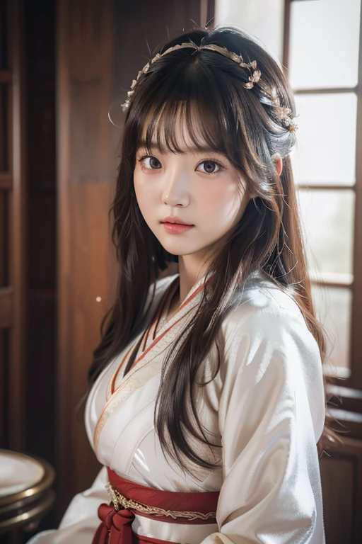 1 garota, foto solo, Kim Yoo-jung, (rosto de deusa da beleza (mixRusso)), (manto sexy hanfu), (Rosto detalhado extremamente realista de 8k HD:1.5 (Cena Suave, relâmpago muito baixo),  Obra de arte:1.3, ultra alta resolução:1.2, iluminação dinâmica), cena cinematográfica, 