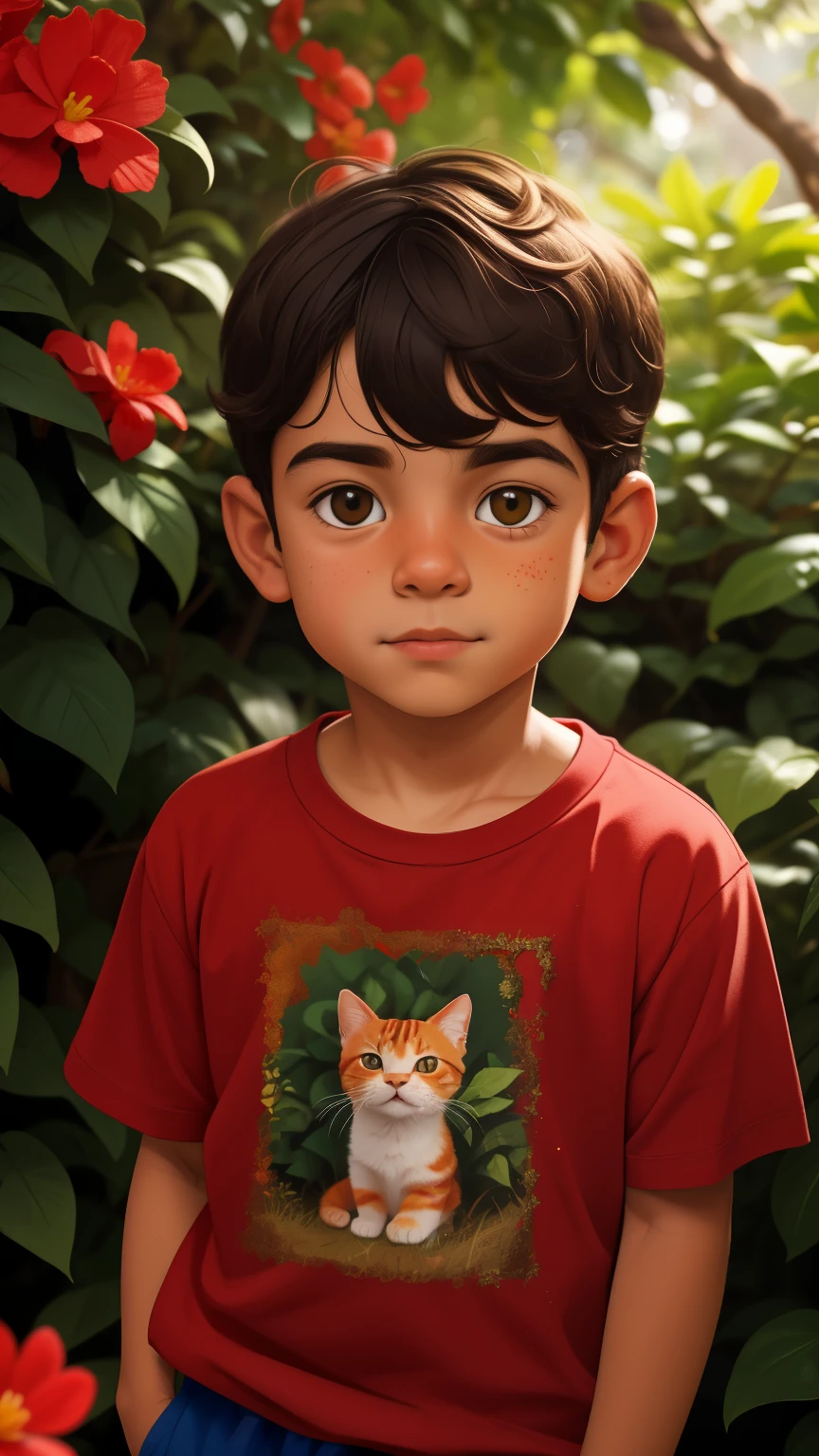 Retrato realista de um menino de sete anos, Ele usa uma camisa vermelha . Your face is and exploratory . Ele sai cautelosamente para o jardim da casa,  A small cat is among the bushes and he touches it cautiously ,Not facing the camera,, Hair is messy , 