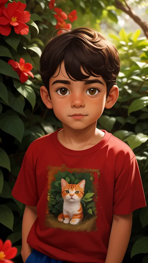 Retrato realista de um menino de sete anos, Ele usa uma camisa vermelha . Your face is and exploratory . Ele sai cautelosamente ...