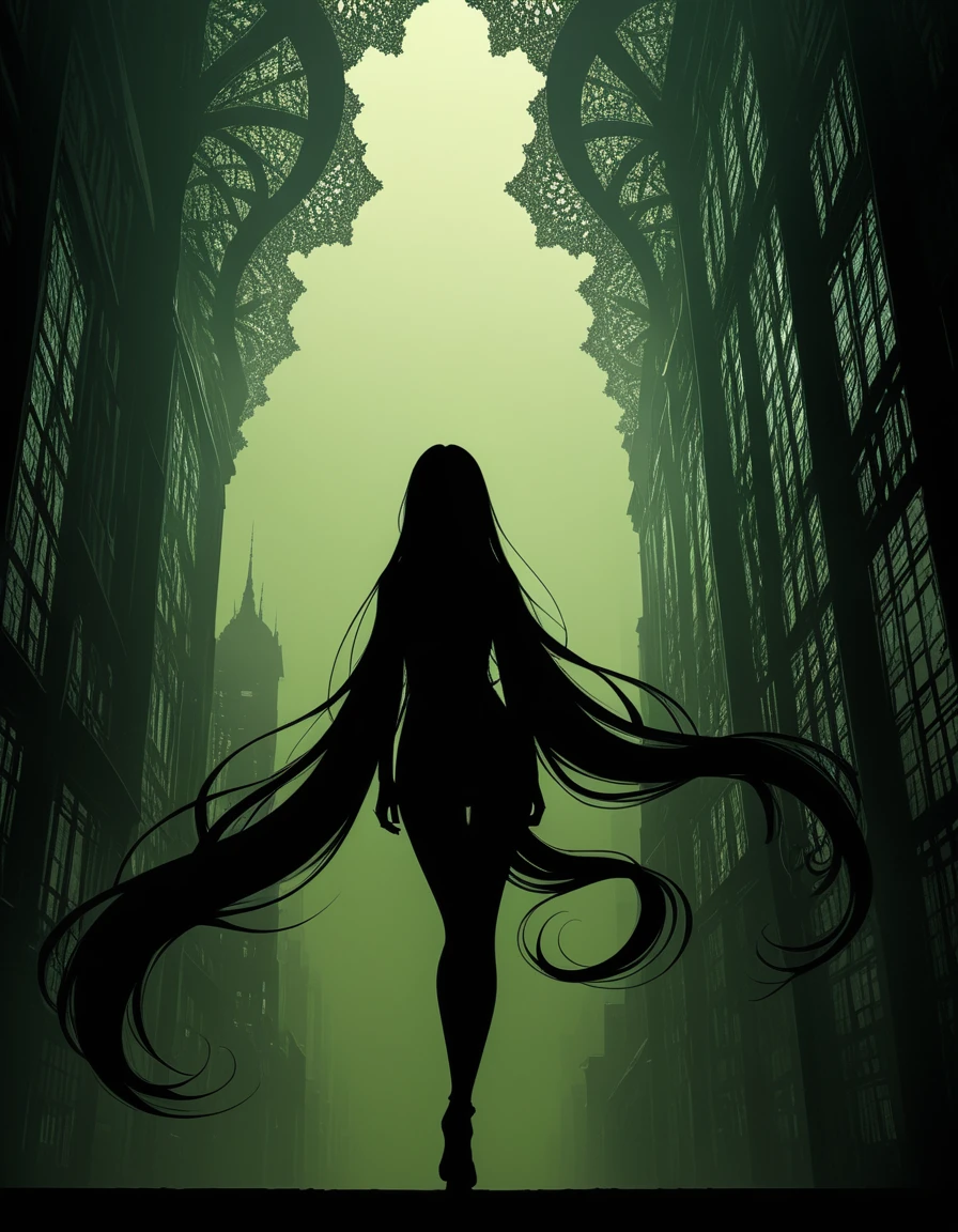 reverse view，(in style of Ashley Wood:1.3),(in style of Takeshi Obata:0.9), black and white urban skyline background,protruding utility poles,solo，(a green silhouette of a young girl:1.6),minimalist silhouette,red silhouette,black and white background,wide_shot ,(elegant, ornate, hyper realistic, super detailed:1.1),(incredibly long hair fluttering in the wind:1.4)(Upside-down art，Fractal Art:1.4)
