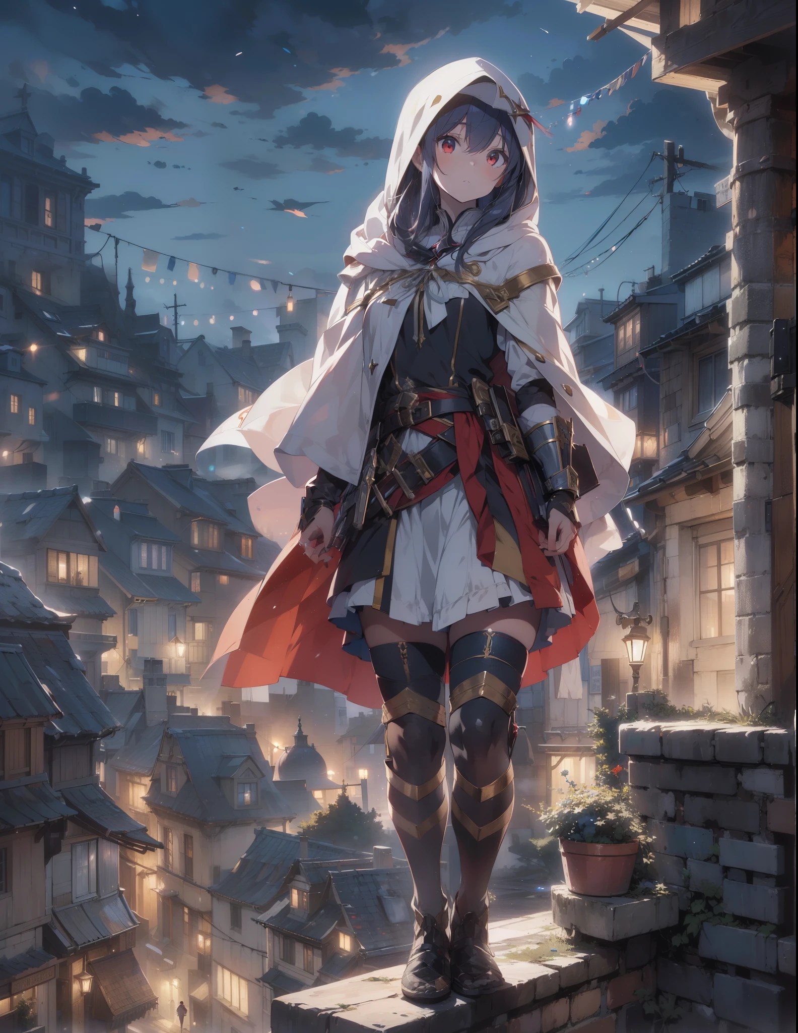 ((style:Colored pencil,pale colour))、Very detailed、(anime)、(masterpiece:1.2),atmospheric perspective,lens flare、Medieval European streets、Assassin girl standing on the roof of a building、Wearing a hood、cute、Red eyes、Your eyes shine in the moonlight、assassin girl、(Assassin's Costume)、Fantasy World、Display the girl larger