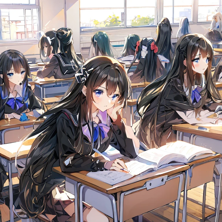 anime girls,(multiple girls:1.6),(((exam))),school classroom, test, anime style ,solve exam questions, taking notes, black hair