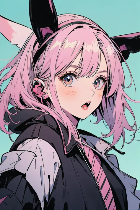 Pink Hair，Black clothes，White Background，Facing left front，Surprised expression，Bunny ears,with headband，Double Tail