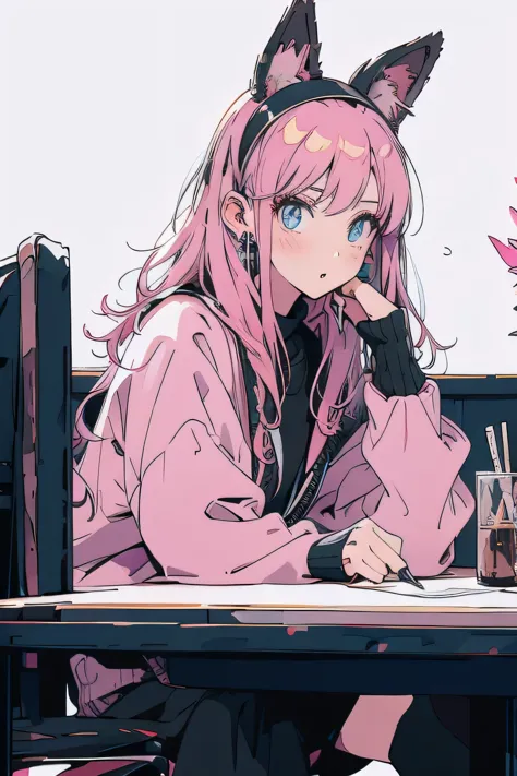 pink hair，black clothes，white background，facing right front，surprised expression，with headband，double tail,studying at the table...