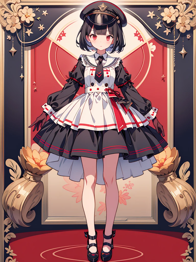 1girl、highest quality、vtuber-fullbody、Milky white short hair、Masterpiece、Official Art、The best composition、Standing in front of the viewer、Simple Background、Black and red gothic military、m1l1t4ry, necktie, black gloves, black dress, peaked cap, puffy dress, short sleeves,