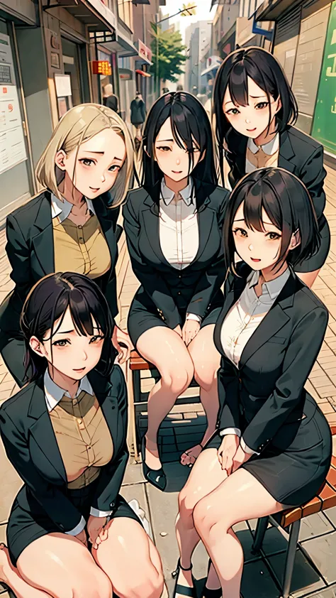 dildo,Five women:1.7,group photo:1.8,
stooping,Business  suit,pencil  skirt,
sweat,
steam,
shaggy hair,
Excitement, 
Unbuttoned ...