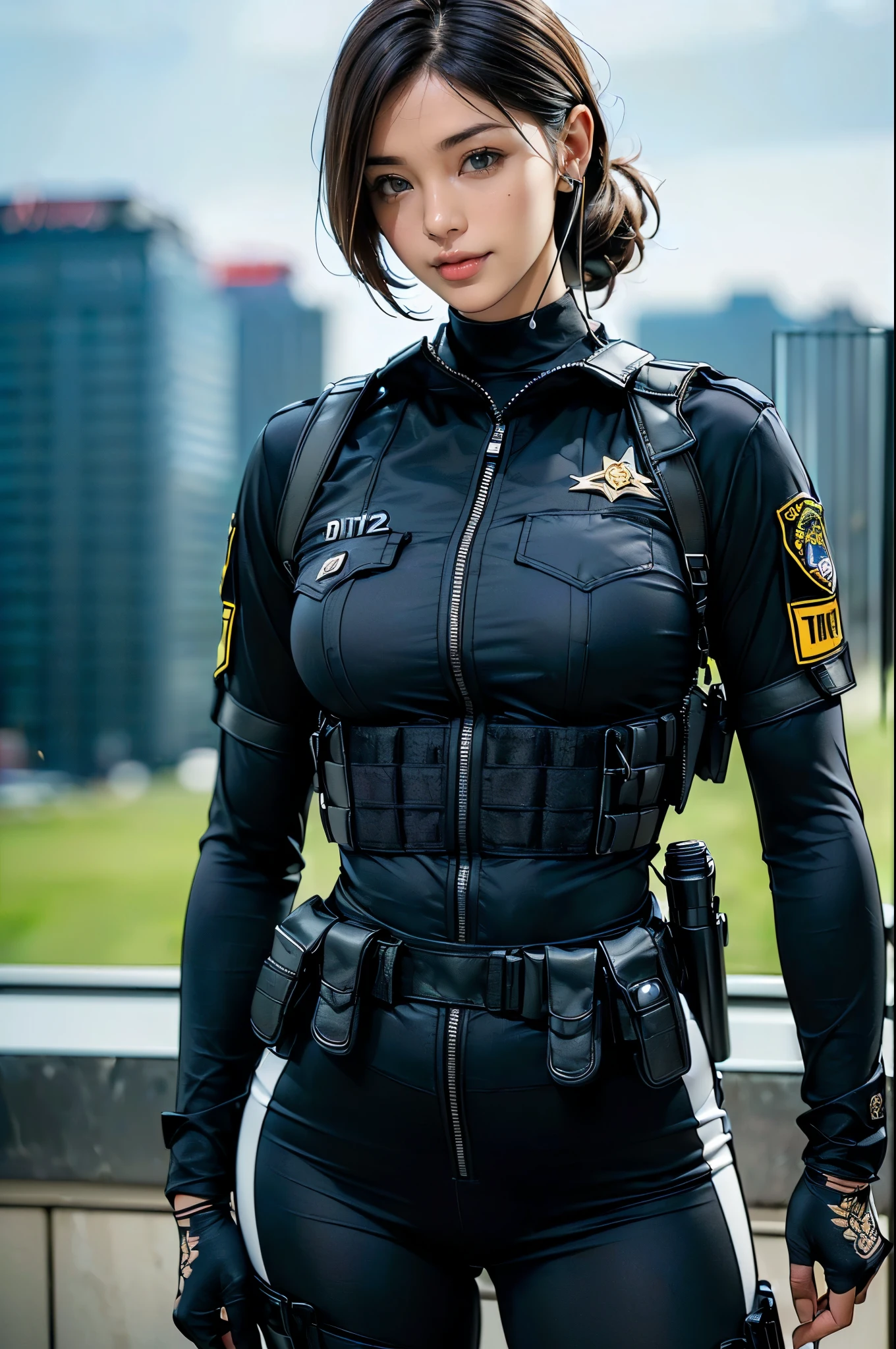 (Two Women),(((Female SWAT officers standing side by side:1.5))),((Black Tactical Bodysuit:1.5)),((Black headset:1.5)),((black tactical holster:1.5)),(Black gloves:1.5),((wearing the same uniform:1.5)),(smile:1.5),(Beautiful Eyes:1.3),(Very detailedな顔:1.5),((Very detailed drawing of a female hand:1.5)),((muscular:1.5)),(Sexy Looks:1.5),((Thick thighs:1.5)),(Beautiful body:1.5),((Very sensual:1.5)),(The background is the city:1.5),(((Blur the background:1.5))),(Written boundary depth:1.5),BREAK(((masterpiece:1.5),(highest quality:1.5),(Very detailed:1.5),(High resolution:1.5),(Realistic:1.5),(Realistic:1.5),(Delicate depiction),(Careful depiction))),8K,wallpaper
