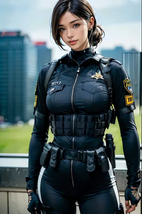 (Two Women),(((Female SWAT officers standing side by side:1.5))),((Black Tactical Bodysuit:1.5)),((Black headset:1.5)),((black t...
