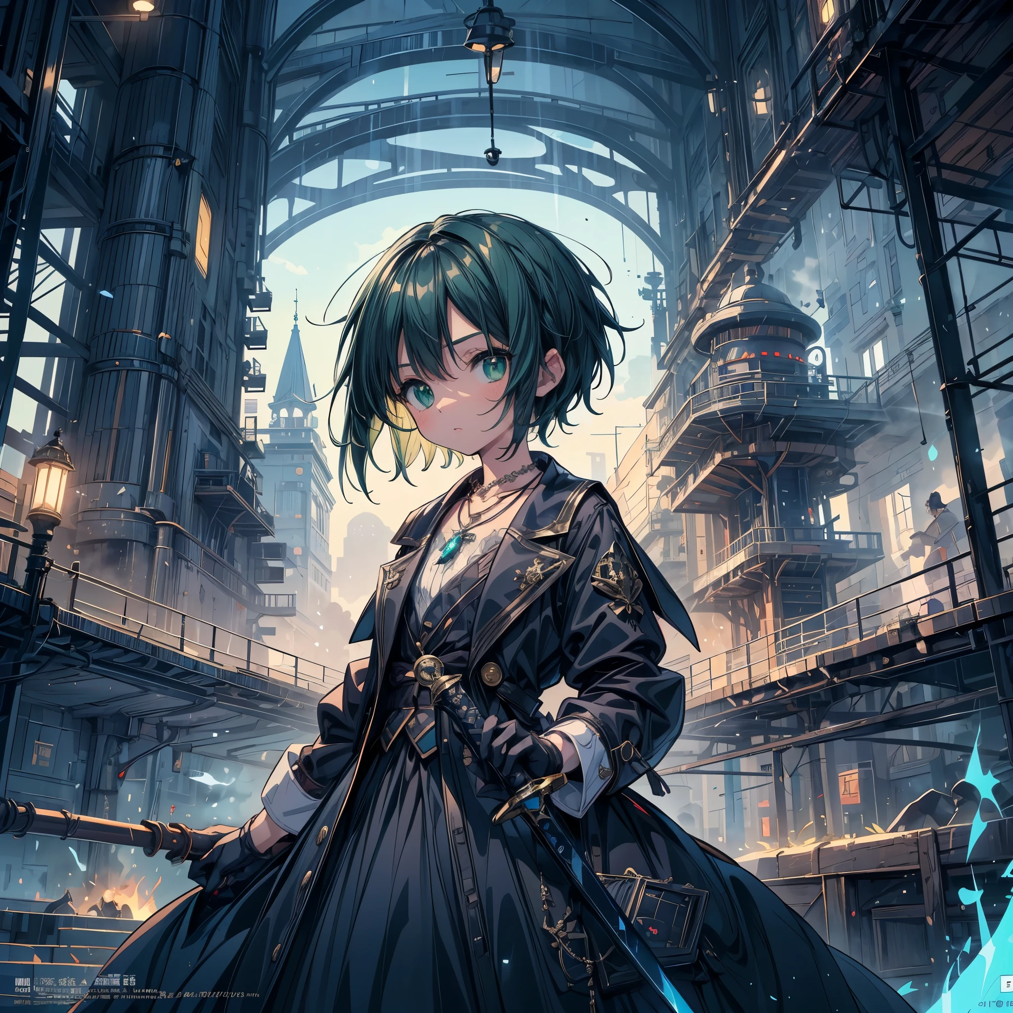 (best quality, high quality, masterpiece:1.2), (Anime girl with luminous sword:1.3), (holding a high-tech sword made of sapphire:1.2), (1 person,Lolita,boyish, , 13 years old:1.3), serious, solo, Androgynous charm, (Very short hair), ((Black Hair)), small and soft breasts, Slender body, Small Ass, Small green eyes, Detailed and beautiful eyes, Well-proportioned iris and pupil, Beautifully detailed lips, High resolution detailed hair, Perfect lighting, ((Light green necklace)), goggles around neck, Light green tie, Luminous Sapphire, Blue Flame, (Steampunk), ((Steam Engineer)), Putting on gloves, steampunk cityscape, gear, pipe, (Steam spewing out from pipes:1.2), Fantasy, Fisheye, Digital anime art,Anime-style illustrations,Anime illustration