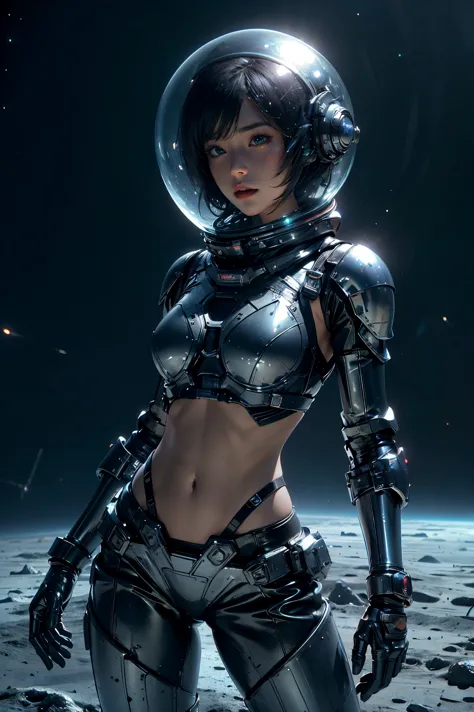 a girl in spacesuit, fully exposed midriff, bare waist,cowboy-shot, in outer space, desolate alien cold planet,transparen space-...