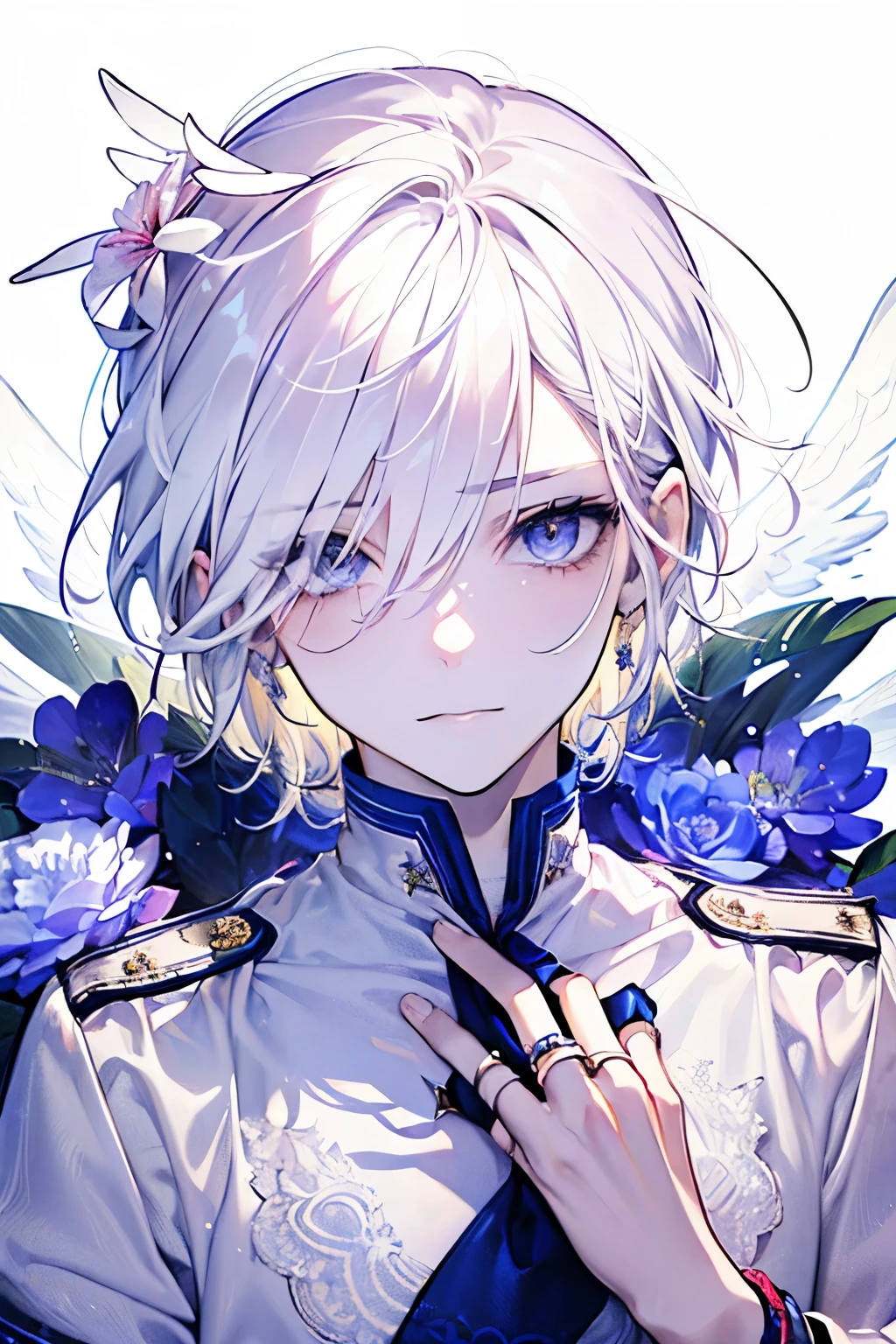 ((17years old man:1.2)),((male:1.5)),masterpiece, best quality,(milky White hair:1.45), (portrait),(shiny NAVY eyes:1.5), white wedding dress,(pop and cute flower pattern background), (perfect hand:1.2),(pink,yellow,purple,white),looking front,((Her bangs are so long that they cover one eye:1.3)),Mischievous smile,(Looking up:1.2),((upper body)),((Top view:1.1)),((Angel ring:1.3))