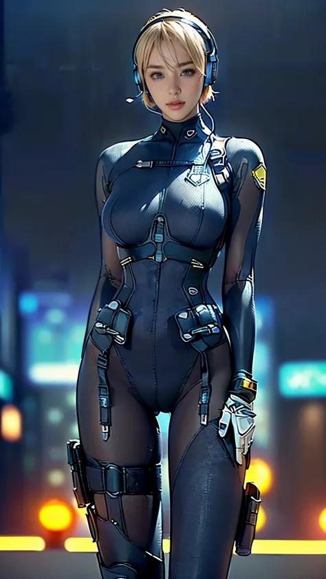 (One Woman),(((Future female police officer standing))),((Navy blue tactical bodysuit:1.5)),(Camel toe:1.5),((headset:1.5)),((Ta...