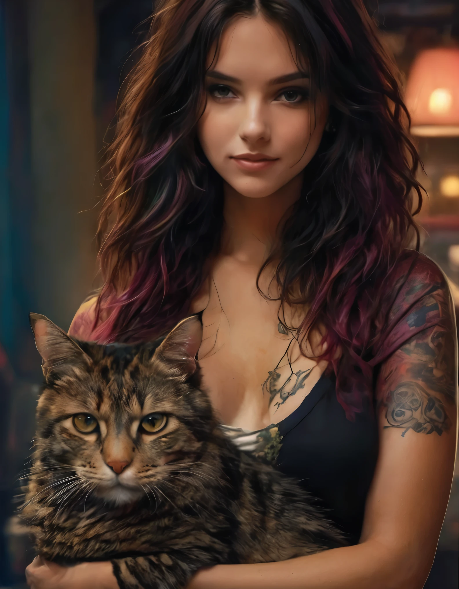 half body, a woman with her best friend her cat, dark complex background, style by Thomas Kinkade+David A. Hardy+Carne Griffiths+Mandy Disher half vivid colors fine art, best quality, high detailed, detailed faces, 2d,
