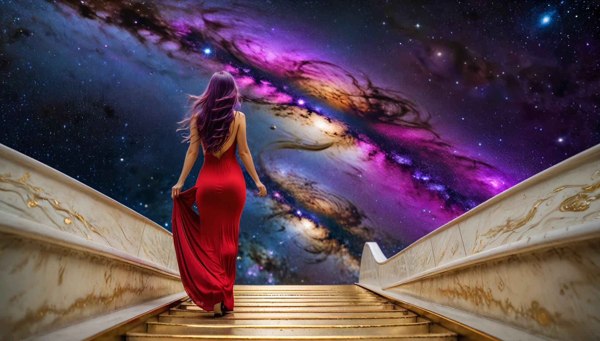 8k, digital image, hdr, walking backwards, on an ivory ramp with gold, towards the cosmos, with her back to the camera, universe, a beautiful and beautiful woman, 31 years old, beautiful, long purple hair, outfit, red dress