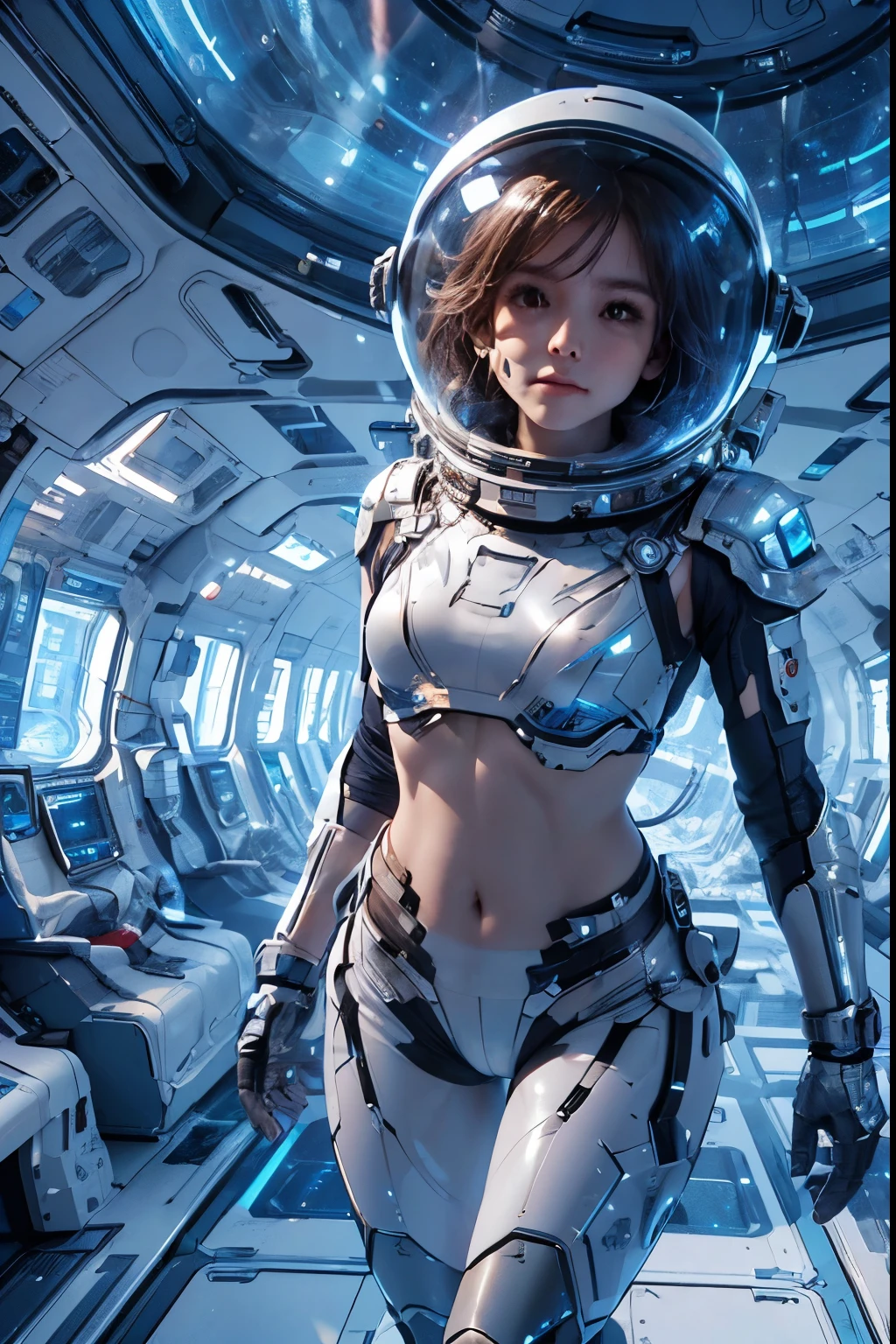 a girl in spacesuit, fully exposed midriff, bare waist,cowboy-shot, in outer space, desolate alien cold planet, Frosted，transparen space-helmet,Transparent full-face helmet ,((bikini top)),((metal Bikini armor)), sexy exposed midriff, full metallic armor, bare midriff and waist, open abdomen, fully exposed abdomen, cowboy-shot, realistic, photorealistic, high quality, 8k, extremely detailed, masterpiece, dynamic pose, dramatic lighting, cinematic, sci-fi, futuristic, vibrant colors