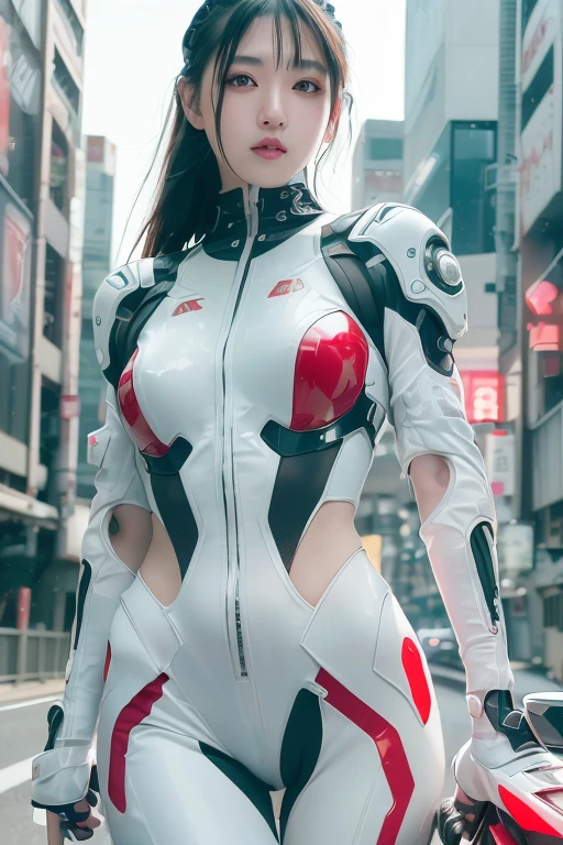 Cyberpunk art、32k，Complex，Very detailed，Digital photography，Black Hair Semi-Long、Wear a white and red cyberpunk battle suit、Japanese women、Riding on motorcycle、CBR400Rに乗る、Drive on the highway