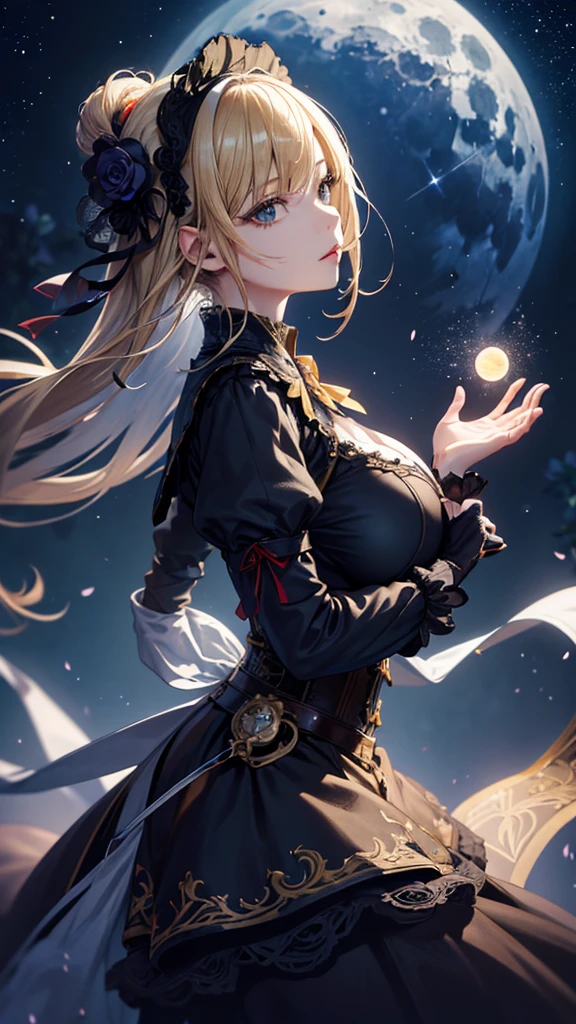 masterpiece, high quality, 4K, Beautiful design, silhouette，blonde， 非常に詳細な夜のStarry Sky,Flower Field， wonderful, Finer details,  Very knowledgeable woman, Highly detailed solo, 1 female,Big Breasts，Gothic Lolita Fashion，Night view，Starry Sky，full moon，