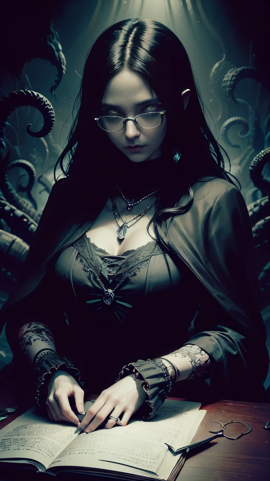 (highest quality,4K,8k,High resolution,masterpiece:1.2),Very detailed,(Realistic,photoRealistic,photo-Realistic:1.37), Close-up of a woman with dark hair and a black dress, Dark Eyes,an  ominous笑顔,((((Glasses))))、((((big sapphire necklace))))、Evil Aura,Burning Flames,Soul Corruption,Dark Shadows,an  ominous雰囲気,Strange symbols,Cursed Land,Eternal Darkness,Unforgettable Exists,Intimidating person,Grotesque features,Horror Scene,twisted reality,Scary atmosphere,A wonderful work of art,Evil Unleashed,Supernatural horror,Spooky art,nightmare fuel,Terrifyingly clear,Abstract fear,Terrifyingly beautiful,masterpiece,Fear incarnate,Shadow Chaos,Exists,to be born々Shii Darkness,in style of Dark Fantasy Art, Dark Fantasy Art, Beautiful and elegant queen of darkness, Dark Fantasy Art, fantasy dark art, Dark fantasy digital art, Gothic fantasy art, Gothic Dark Maiden, Detailed Texture,Spooky creatures,an  ominous雰囲気,Mythical,Space horror,darkness,Mysterious,Dark aesthetic,Fog Background,Eyes of another world,Ancient Gods々々々々, Powerful wizard, MysteriousStanding in the woods. Flowing robes decorated with symbols, Arms stretched out, Powerful,Tentacles,Pitch black blackness,Majestic,Unfathomable depth,nightmare,The Exists of the universe,an  ominousExists,seeping darknesss,Secrets of the Universe, (Spooky atmosphere), (((Dramatic Shadows), (Dynamic pose), ((Artistically expressed)), ((charm), (Gothic), (Mysterious Setting), (Moody color palette), (Skillfully drawn), (sense of unease), (Intricate details), (an  ominous smile), (an  ominous), (charm eyes), (Horror elements), (charm composition), (Impressive anatomy),(Striking contrast))), (Interesting character designs)、Dark Fantasy Portrait, Portrait of the Dark Goddess, 