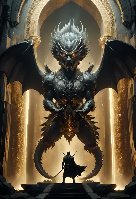 a man standing in front of a giant dragon with a sword