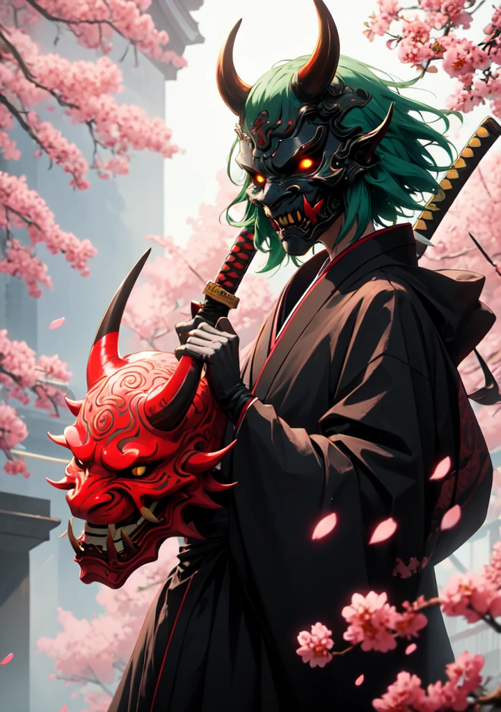 dark theme, oni_mask, gavial, 1girl, green hair, short hair, yellow eyes, pointy ears, japanese clothes, kimono, black kimono, (glowing: 1.1), (glowing eyes: 1.1), horned helmet, (mask on head: 1.1), (oni: 1.21), (red mask: 1.21), holding weapon, holding sword, katana, upper body, looking at viewer, petals, cherry blossoms, blurry, solo, Holding a Katana