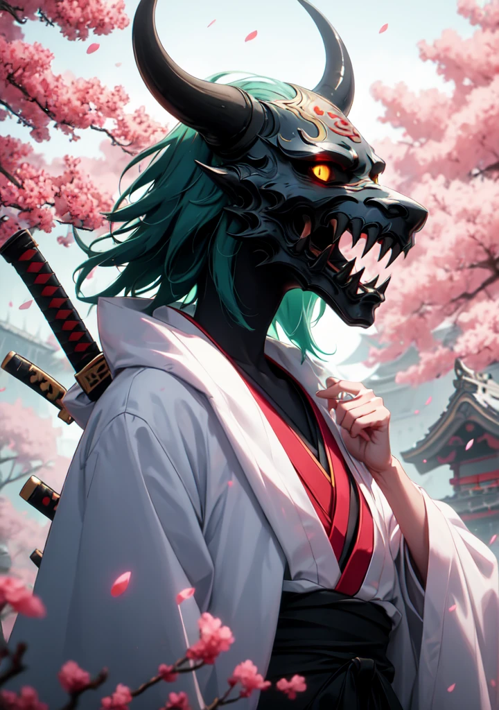 dark theme, oni_mask, gavial, 1girl, green hair, short hair, yellow eyes, pointy ears, japanese clothes, kimono, black kimono, (glowing: 1.1), (glowing eyes: 1.1), horned helmet, (mask on head: 1.1), (oni: 1.21), (red mask: 1.21), holding weapon, holding sword, katana, upper body, looking at viewer, petals, cherry blossoms, blurry, solo, Holding a Katana