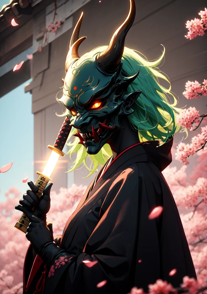 dark theme, oni_mask, gavial, 1girl, green hair, short hair, yellow eyes, pointy ears, japanese clothes, kimono, black kimono, (glowing: 1.1), (glowing eyes: 1.1), horned helmet, (mask on head: 1.1), (oni: 1.21), (red mask: 1.21), holding weapon, holding sword, katana, upper body, looking at viewer, petals, cherry blossoms, blurry, solo, Holding a Katana