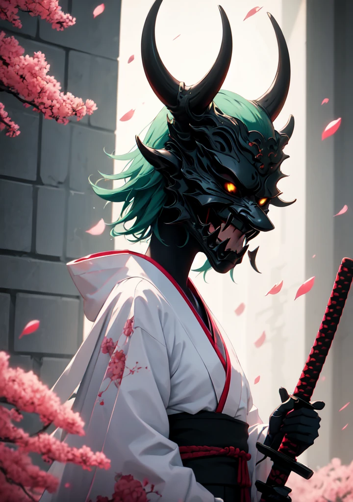 dark theme, oni_mask, gavial, 1girl, green hair, short hair, yellow eyes, pointy ears, japanese clothes, kimono, black kimono, (glowing: 1.1), (glowing eyes: 1.1), horned helmet, (mask on head: 1.1), (oni: 1.21), (red mask: 1.21), holding weapon, holding sword, katana, upper body, looking at viewer, petals, cherry blossoms, blurry, solo, Holding a Katana