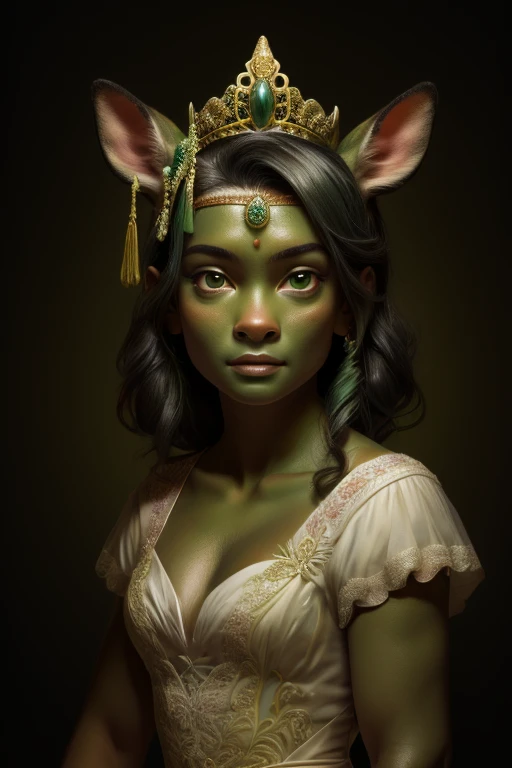 masterpiece,best quality,highest resolution,intricately detailed,deerlike features,(rich green skin),(skin-green),glossy black-hair no part,small droopy deer-ears,cute doe-eyes,deer-nose,female woman,cute human face,feminine,princess,(delicate tiara),(white dress),portrait,hand-hooves,masterpiece,best,quality,highest resolution,portrait,digital painting