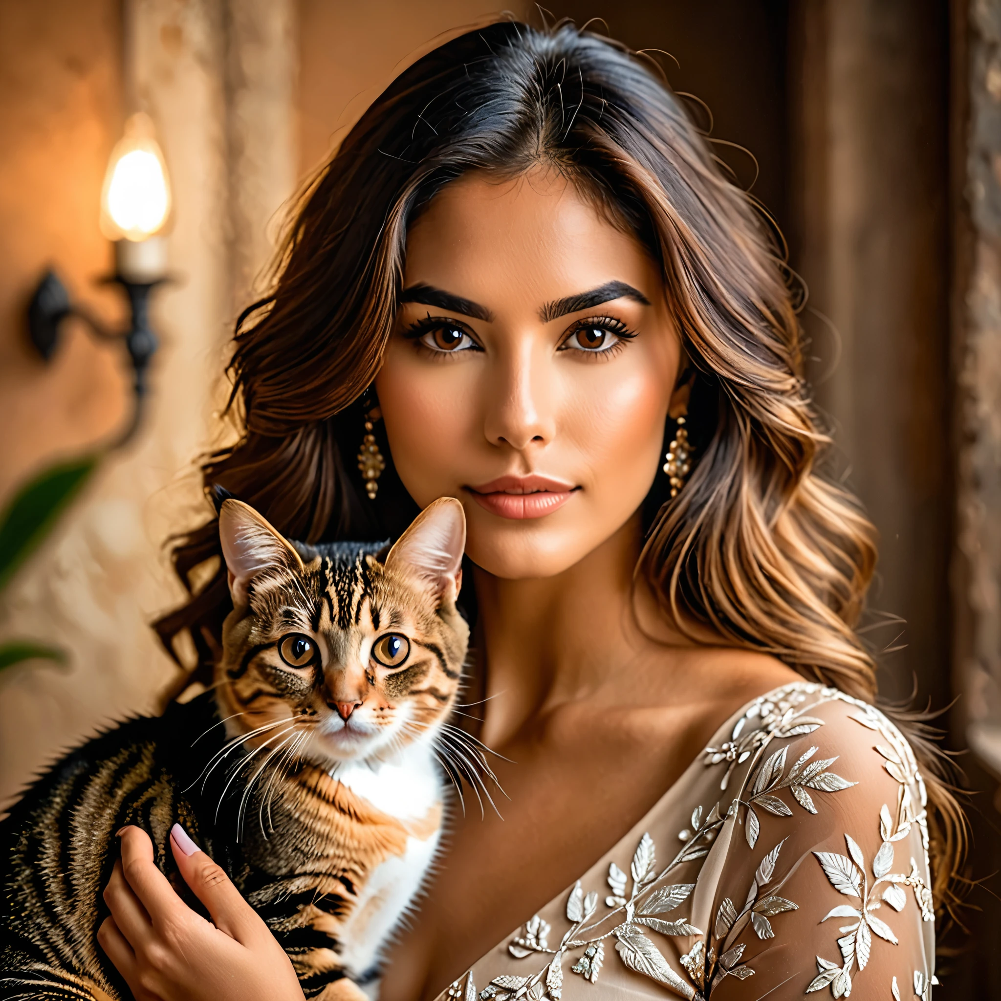 une belle Latina à la peau foncée avec un chat mignon, yeux détaillés, lèvres détaillées, long cils, cheveux complexes, Beau portrait détaillé, Très détaillé, 8k, Photoréaliste, peinture numérique professionnelle, palette de couleurs chaudes, éclairage doux, expression sereine, traits délicats, robe élégante, assis dans un intérieur confortable, chat de compagnie sur tes genoux, compagnon félin, éclairage dramatique, réalisme impressionnant
