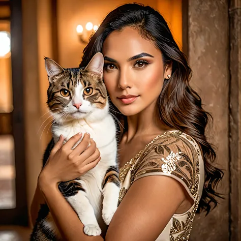 skswoman, una hermosa latina piel morena con un lindo gato, ojos detallados, labios detallados, long eyelashes, cabello intrinca...