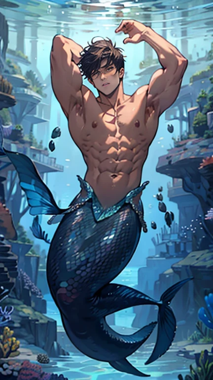 Full body image, mermaid tail, man, big muscles, shirtless, short hair ...