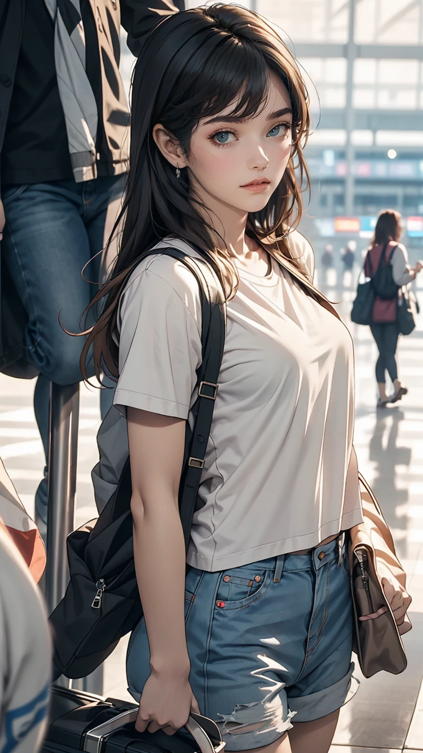 Fotos reales de mujeres coreanas., flequillo cruzado, sonrisa, Camisetas, en el aeropuerto, tirar, Disparo a la altura de los ojos, borroso, 超alta resolución, Obra maestra, alta resolución, 16k  