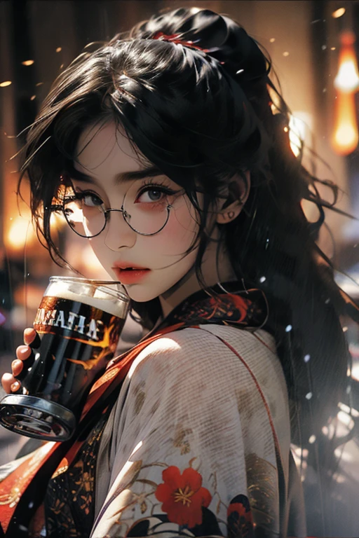 Transparent watercolor, High resolution, Super detailed, Expressive brush strokes and gradations,    (One beautiful girl:1.3), ((Beautiful mature round-faced girl wearing black flame glasses, Drinking a can of beer)), Long dark pink hair tied in a ponytail, A tight-fitting sleeveless white short cheongsam with gold embellishments, Upper body, White backgrounds
