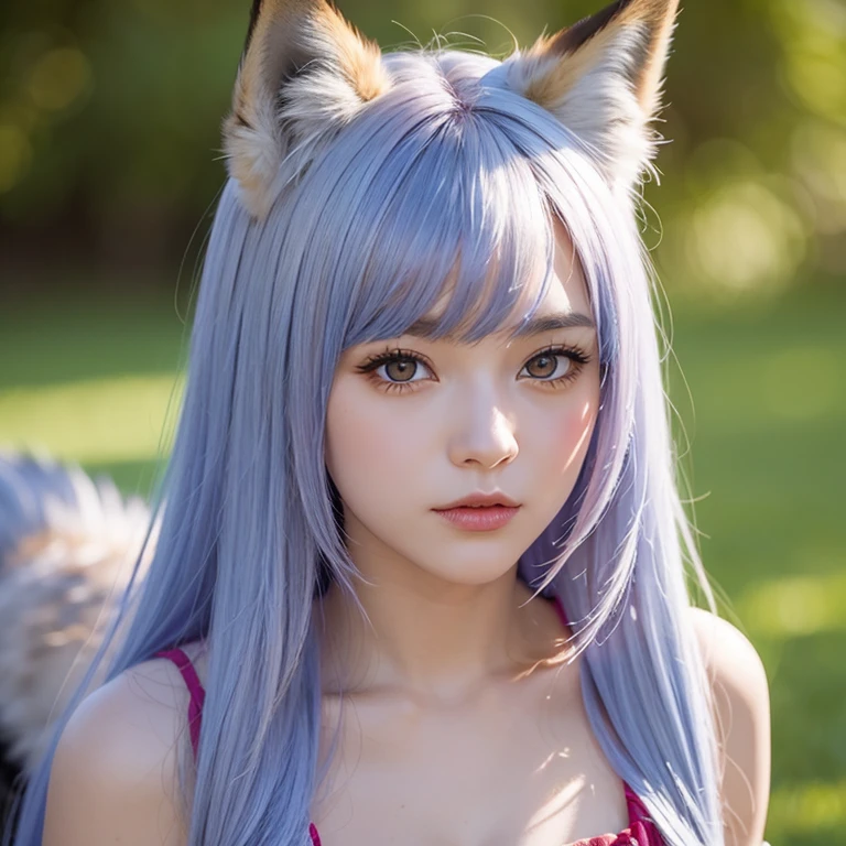 Fox Girl, Fox&#39;s Tail, Nine-Tailed Fox,Fox Ears, Black colored hair, Fox Makeup,One Girl、 Kimono with open chest, Body size is 100-70-90!、Nice body, Avatar, face, Open chest, lewd face, Dominant representation, naughty face,Big Breasts,Emphasize cleavage,Show bare skin、Skin is visible、With legs apart、Show off your thighs、With legs apart、A beautifully patterned kimono、I can see her cleavage、Muscular、Uplifting、Abdominal muscles、Exposed skin、Long Hair、Skin Texture、Soft breasts 、outside、Grassy field