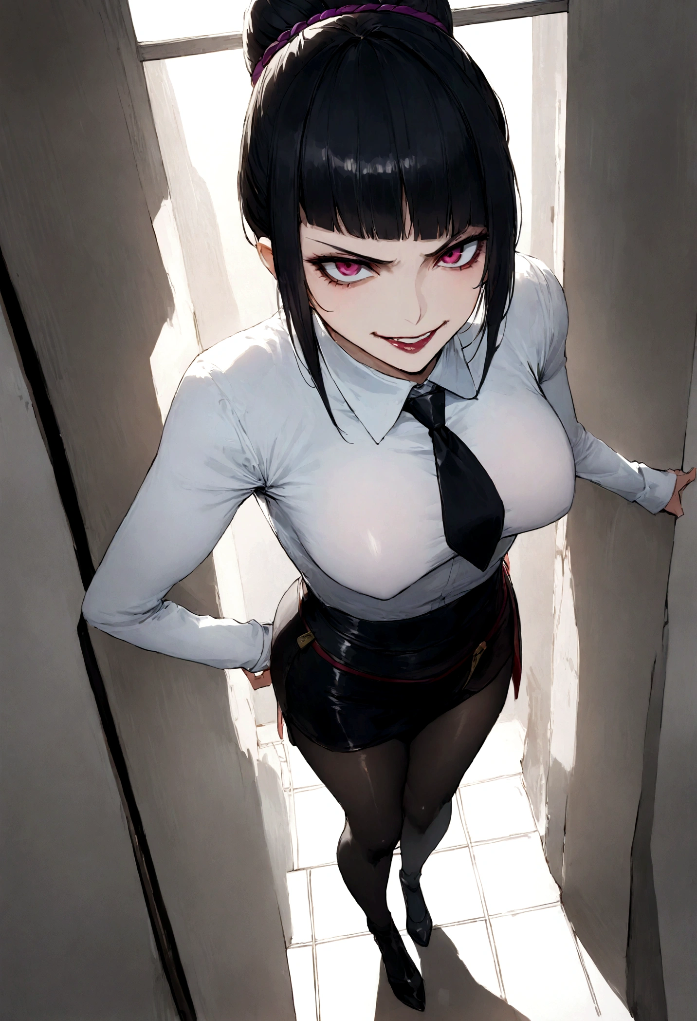 juri han, work of art, tight white secretary shirt with black tie, black high waist skirt, short skirt, black hair, black tights,evil smile,office,franja nos olhos,lighting,chifre de cabelos,view from above,olhando para cima,sentada,pernas cruzadas
