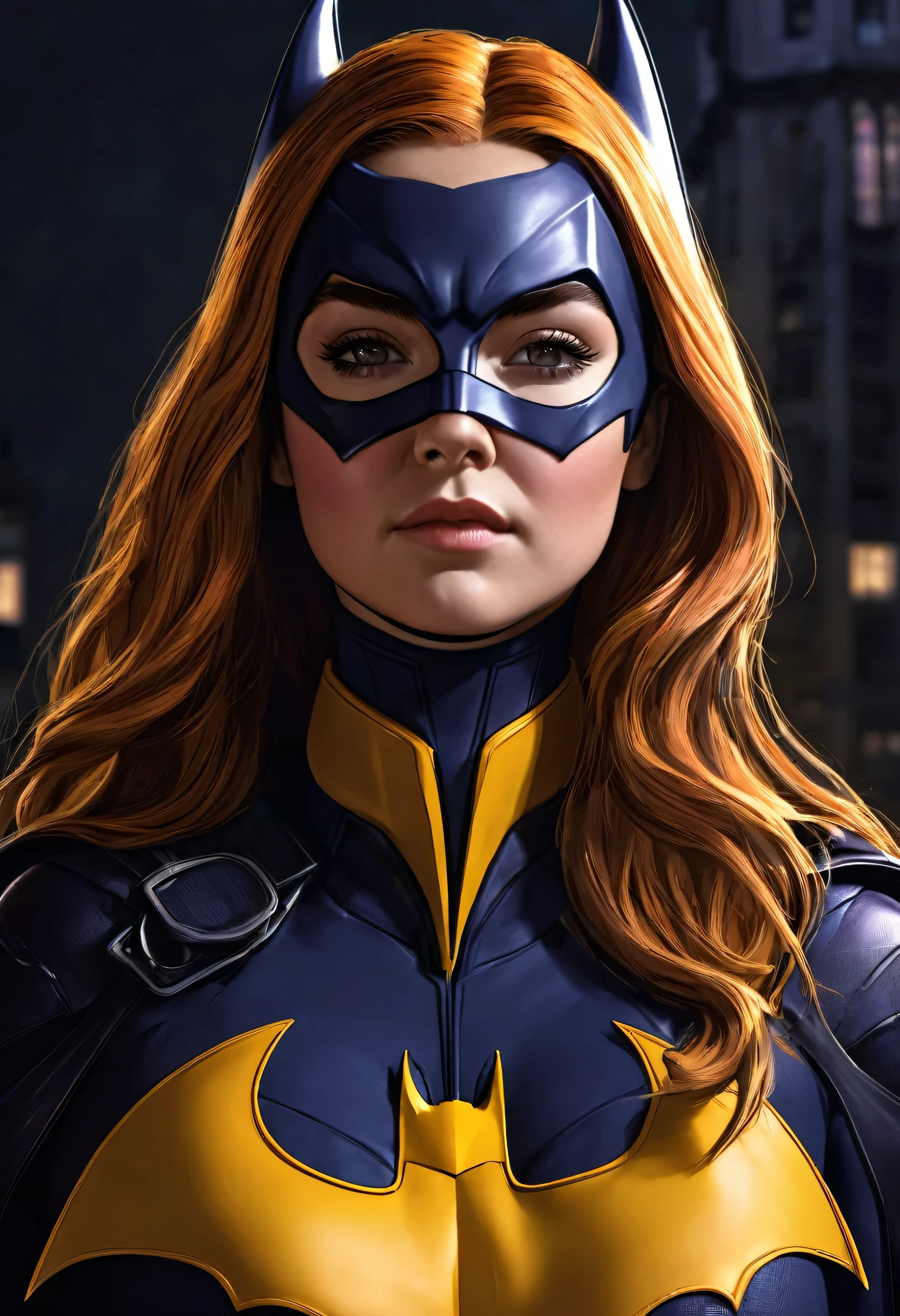 a beautiful detailed portrait of Florence Pugh as Batgirl from the DC comics universe,Batgirl costume,Batman emblem on the chest,inspired by the Arkham trilogy video game series,hyperrealistic,8k,extremely detailed,intricate costume design,dramatic lighting,cinematic composition,vivid colors,digital art,concept art style,clear ginger hair,((Mask))