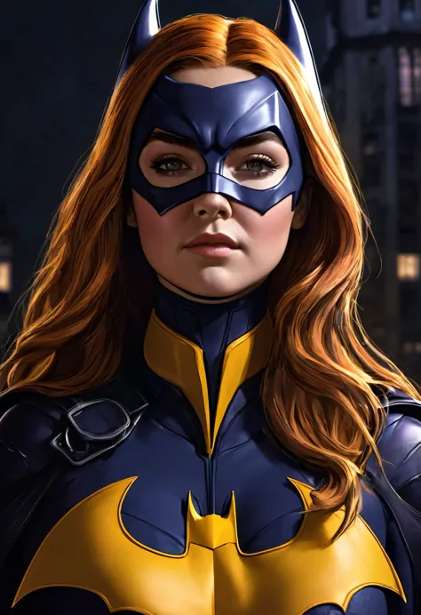 a beautiful detailed portrait of Florence Pugh as Batgirl from the DC comics universe,Batgirl costume,Batman emblem on the chest...
