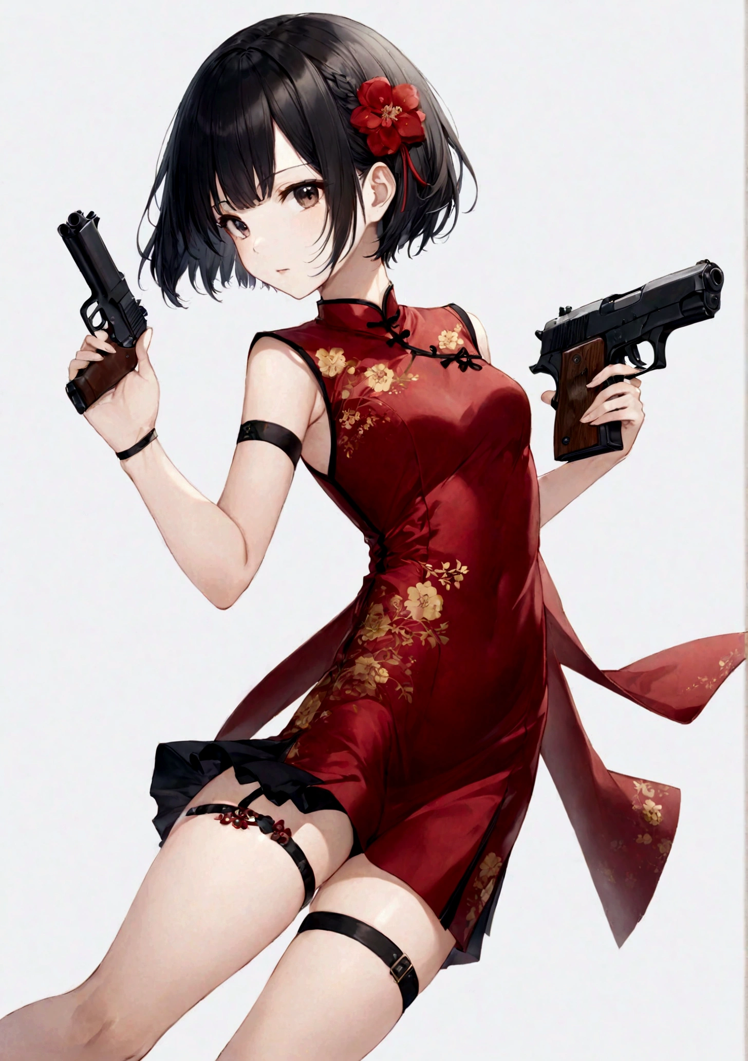 一个穿着红色dress的女人, 手里拿着gun, White background, Black Hair, Black collar, dress, Finger on the trigger, gun, short hair, solo, Cold expression, Sharp eyes, Elegant posture, High quality