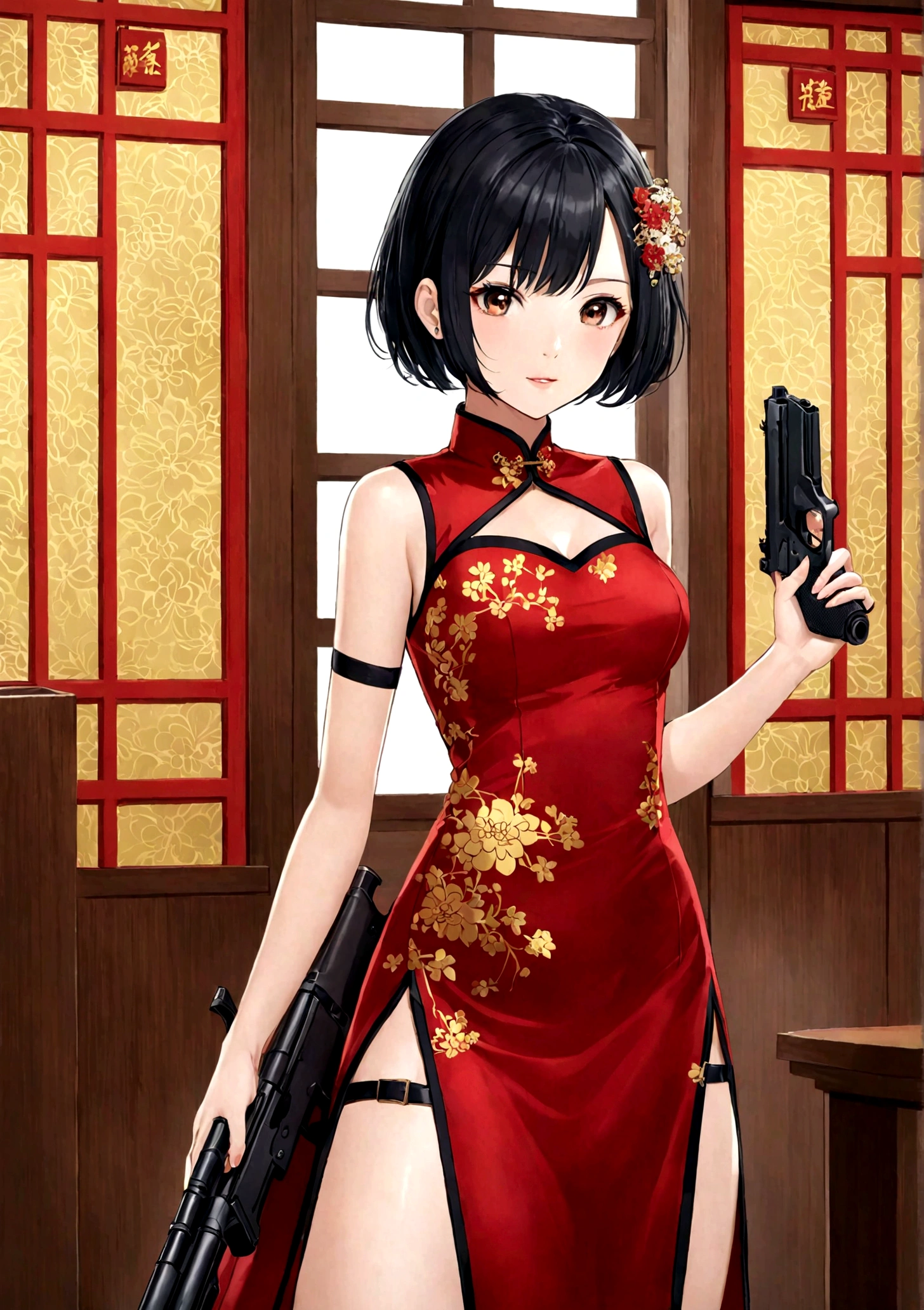 一个穿着红色dress的女人, 手里拿着gun, White background, Black Hair, Black collar, dress, Finger on the trigger, gun, short hair, solo, Cold expression, Sharp eyes, Elegant posture, High quality