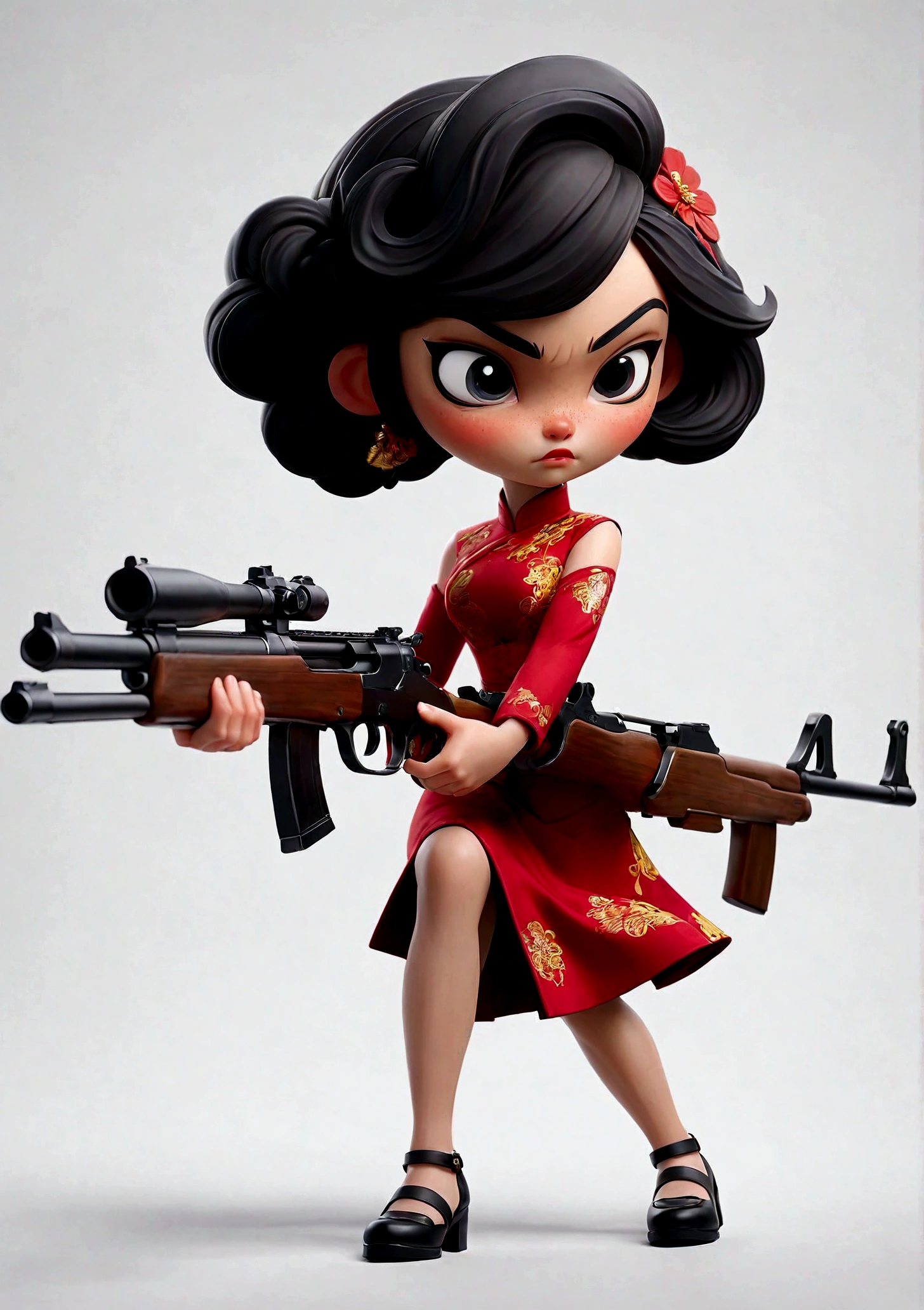 一个穿着红色dress的女人, 手里拿着gun, White background, Black Hair, Black collar, dress, Finger on the trigger, gun, short hair, solo, Cold expression, Sharp eyes, Elegant posture, High quality