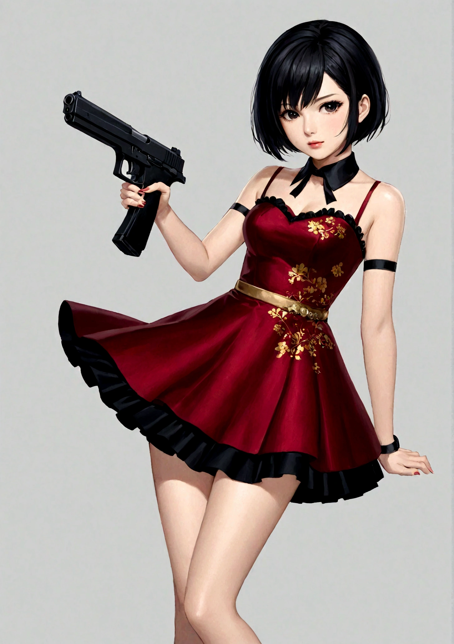 一个穿着红色dress的女人, 手里拿着gun, White background, Black Hair, Black collar, dress, Finger on the trigger, gun, short hair, solo, Cold expression, Sharp eyes, Elegant posture, High quality