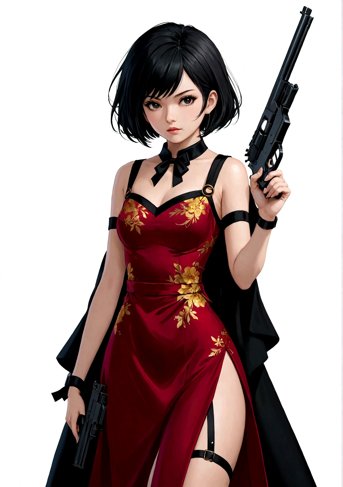 一个穿着红色dress的女人, 手里拿着gun, White background, Black Hair, Black collar, dress, Finger on the trigger, gun, short hair, solo, Cold expression, Sharp eyes, Elegant posture, High quality