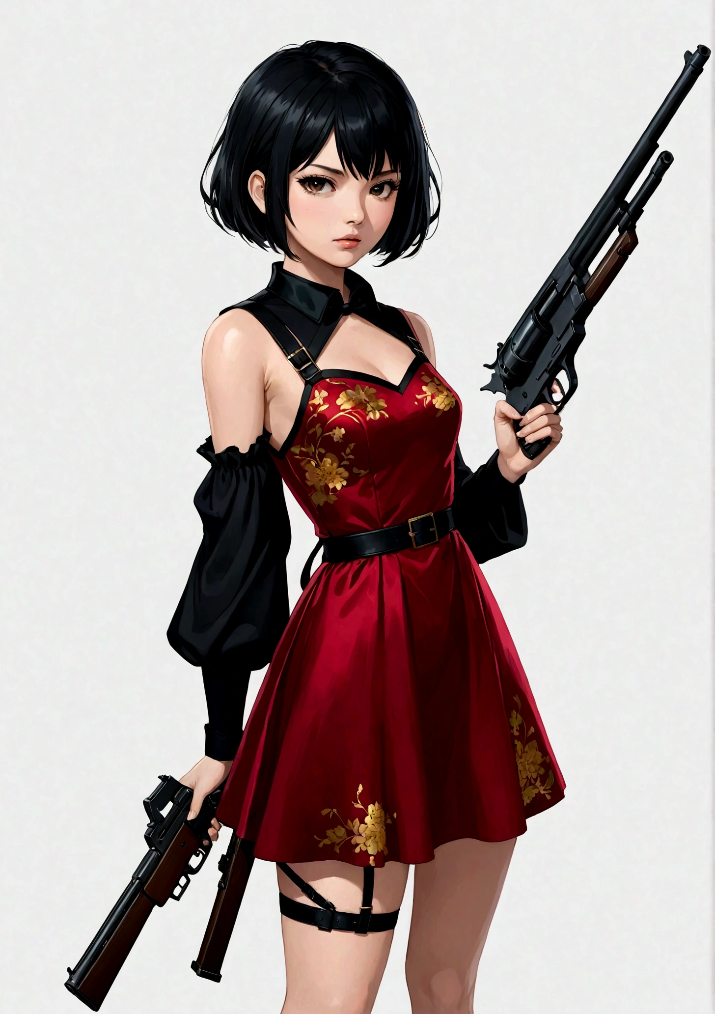 一个穿着红色dress的女人, 手里拿着gun, White background, Black Hair, Black collar, dress, Finger on the trigger, gun, short hair, solo, Cold expression, Sharp eyes, Elegant posture, High quality