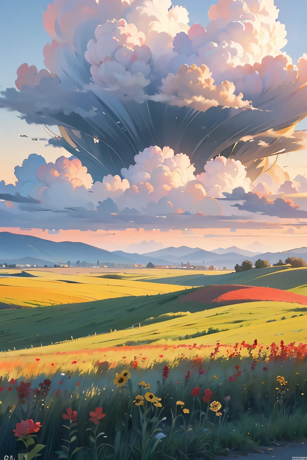 A photo of a beautiful flower field like a steppe, the flowers are beautiful to the viewer's eye, attractive in the distance is a small house and in the sky there are clouds of clouds flying, showing a photo that looks real in real life. Realistic 4k resolution, sharp, 100% like real photos taken in real life