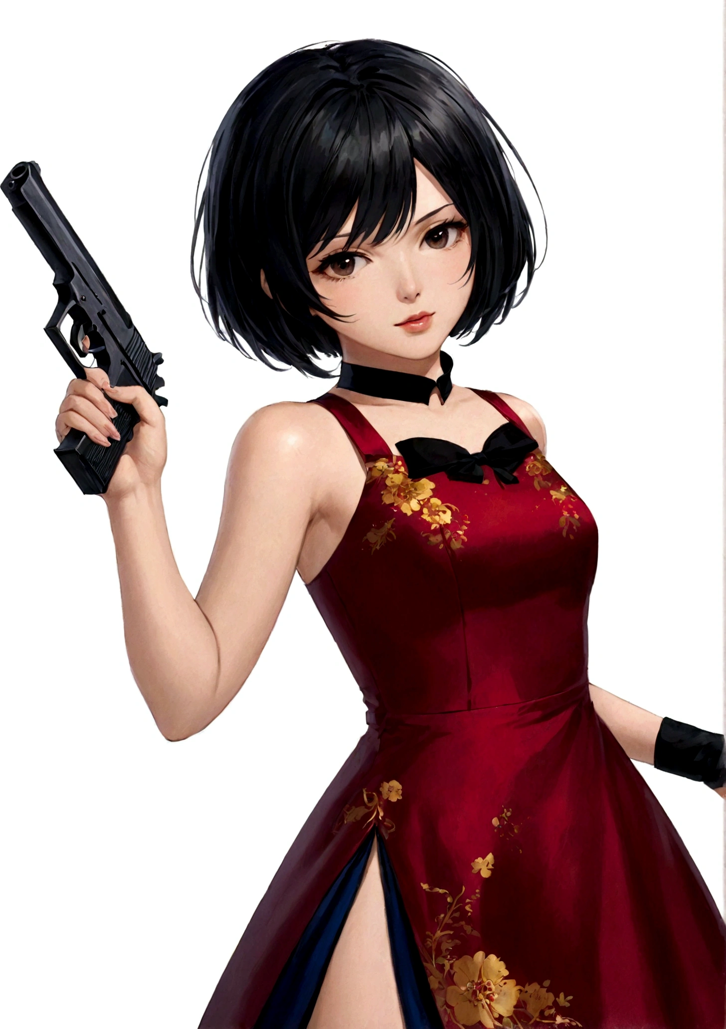 一个穿着红色dress的女人, 手里拿着gun, White background, Black Hair, Black collar, dress, Finger on the trigger, gun, short hair, solo, Cold expression, Sharp eyes, Elegant posture, High quality