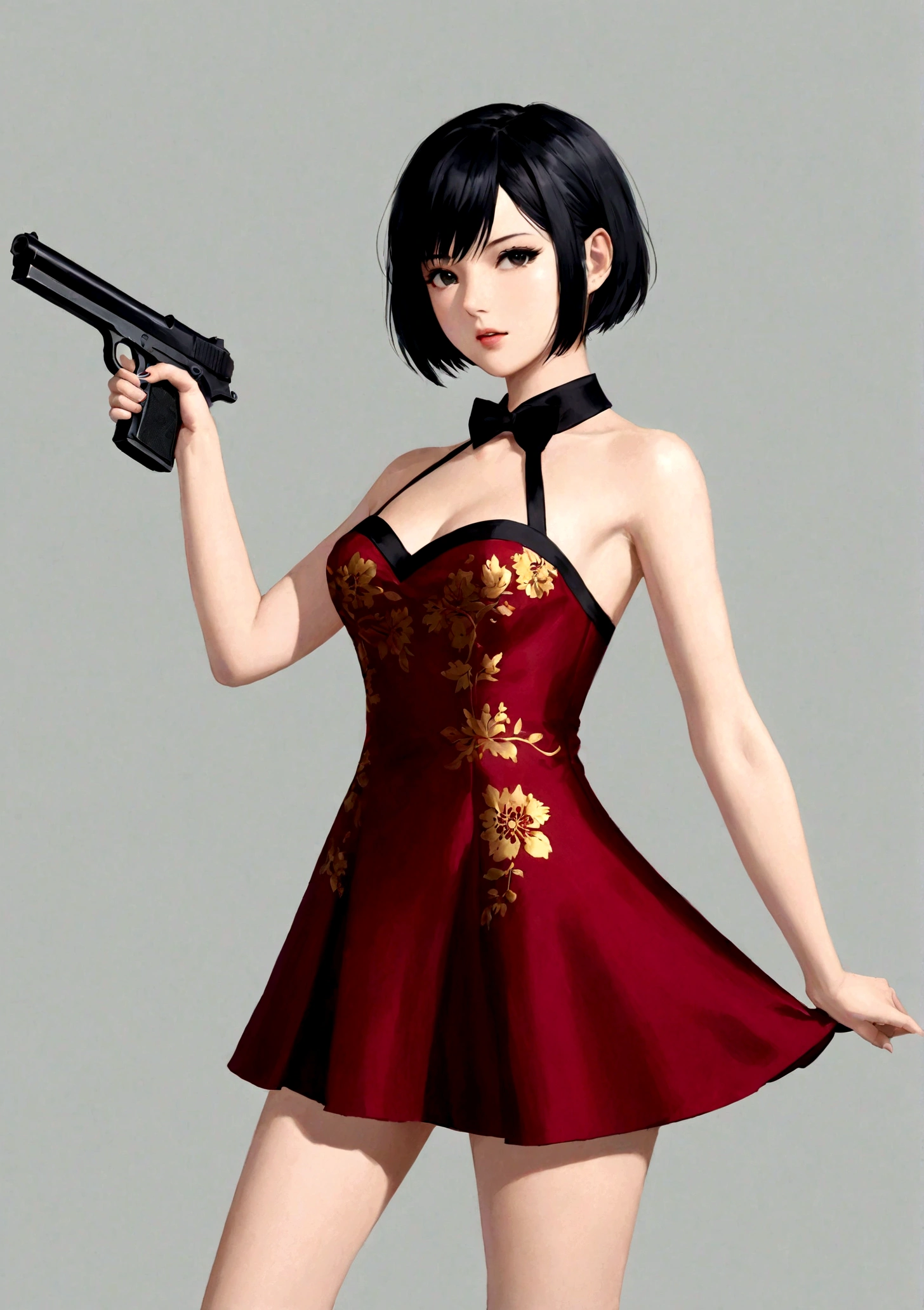 一个穿着红色dress的女人, 手里拿着gun, White background, Black Hair, Black collar, dress, Finger on the trigger, gun, short hair, solo, Cold expression, Sharp eyes, Elegant posture, High quality